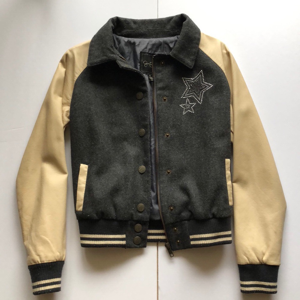 jessica simpson leather varsity jacket kids medium